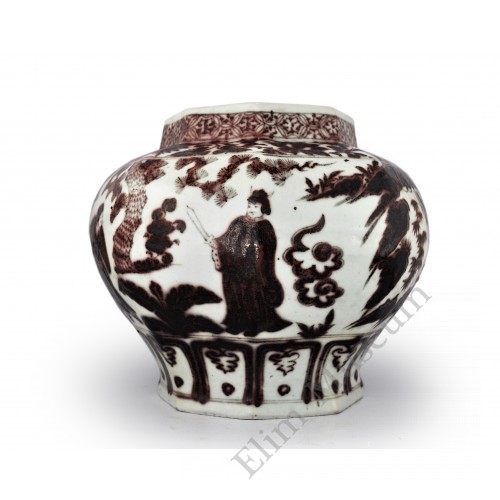 1368 A Yuan underglaze copper red Hexagonal jar